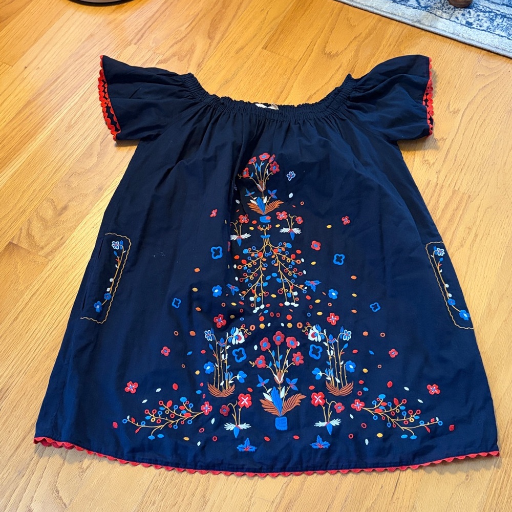 Tory Burch Wildflower Colorful Embroidered Off Shoulder Cotton Dress Navy size M